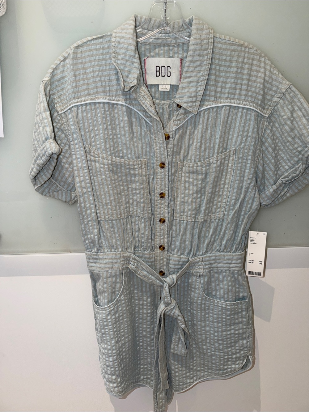 BDG Pale Blue Textured Button-Up Romper with Waist Tie